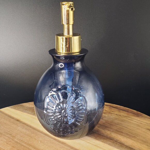 Blue Embossed Plastic with Gold Pump Soap Dispenser - Picture 2 of 5